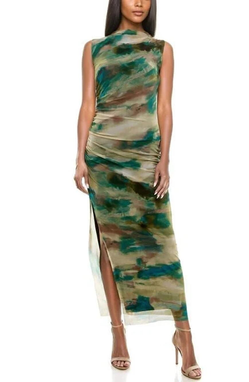 Socialite Ruched Sleeveless Abstract Water Mesh Dress in Olive/Teal Size M